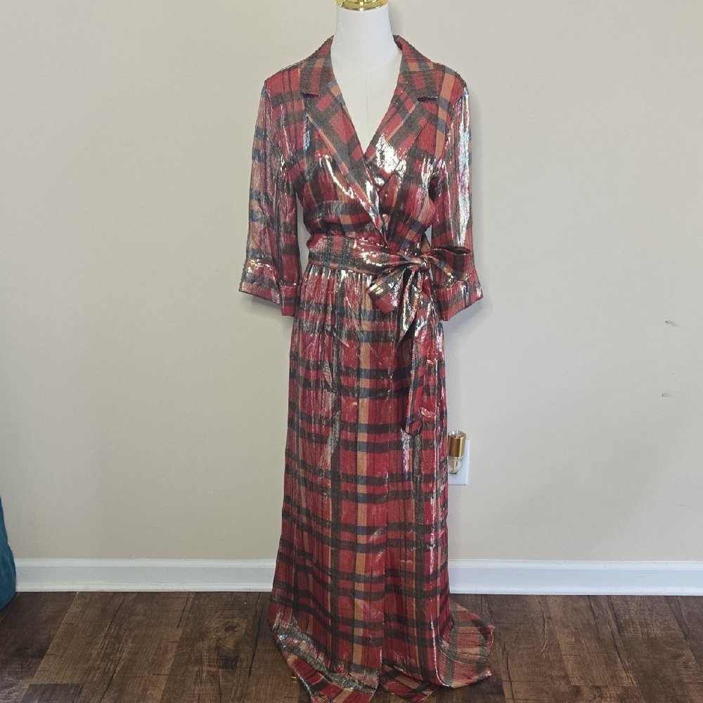 Alice + Olivia Red Metallic Plaid Faux-Wrap Maxi Dress Silk Blend Size 4 Holiday - Picture 3 of 9